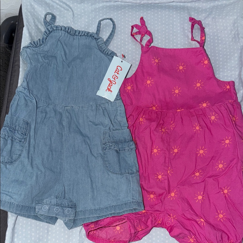 SOLD‼️ Cat & Jack Blue Denim-Look Romper + Pink Sun-Print Romper